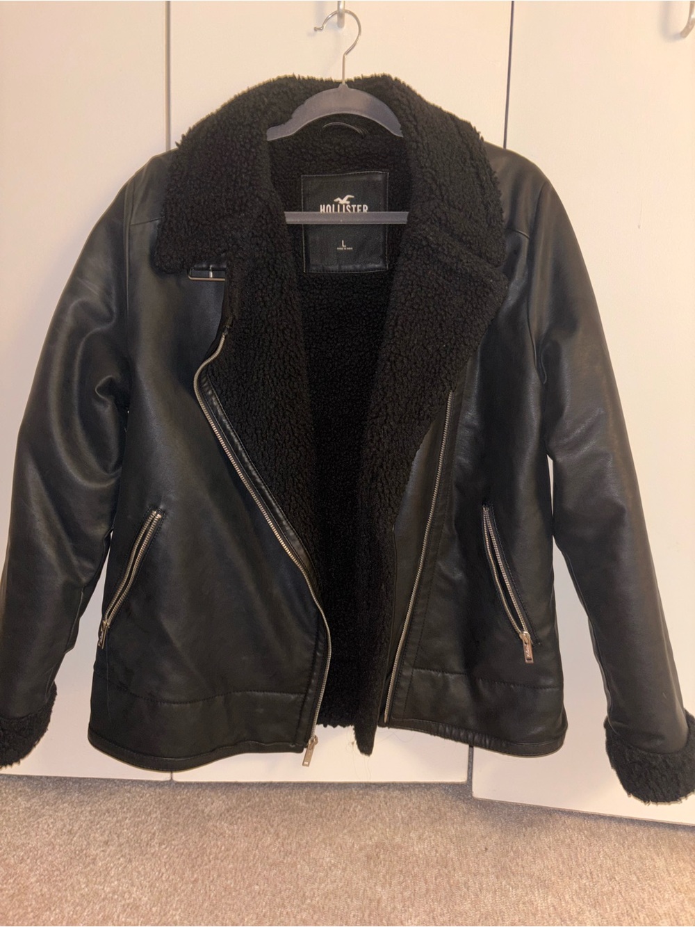 Hollister Black Faux Leather Sherpa-Lined Moto Jacket